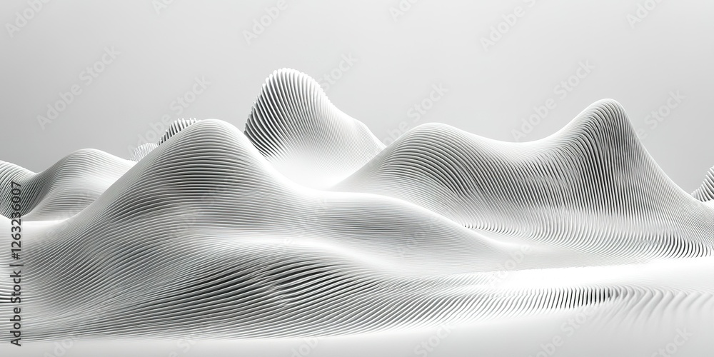 Poster 3d model of abstract white wavy mountains with intricate lines creating a smooth, modern landscape a