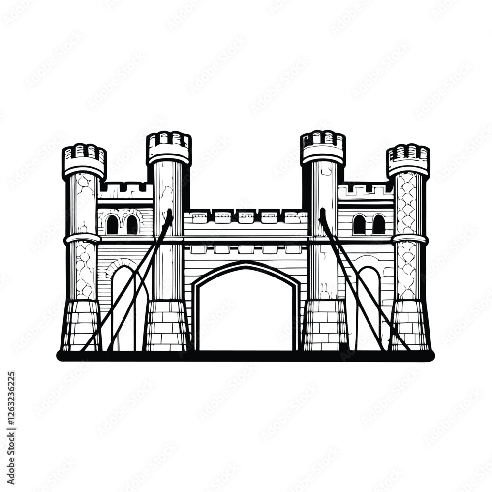 Poster create a detailed vector illustration of a majestic castle gate with a dragon sculpted into the ston