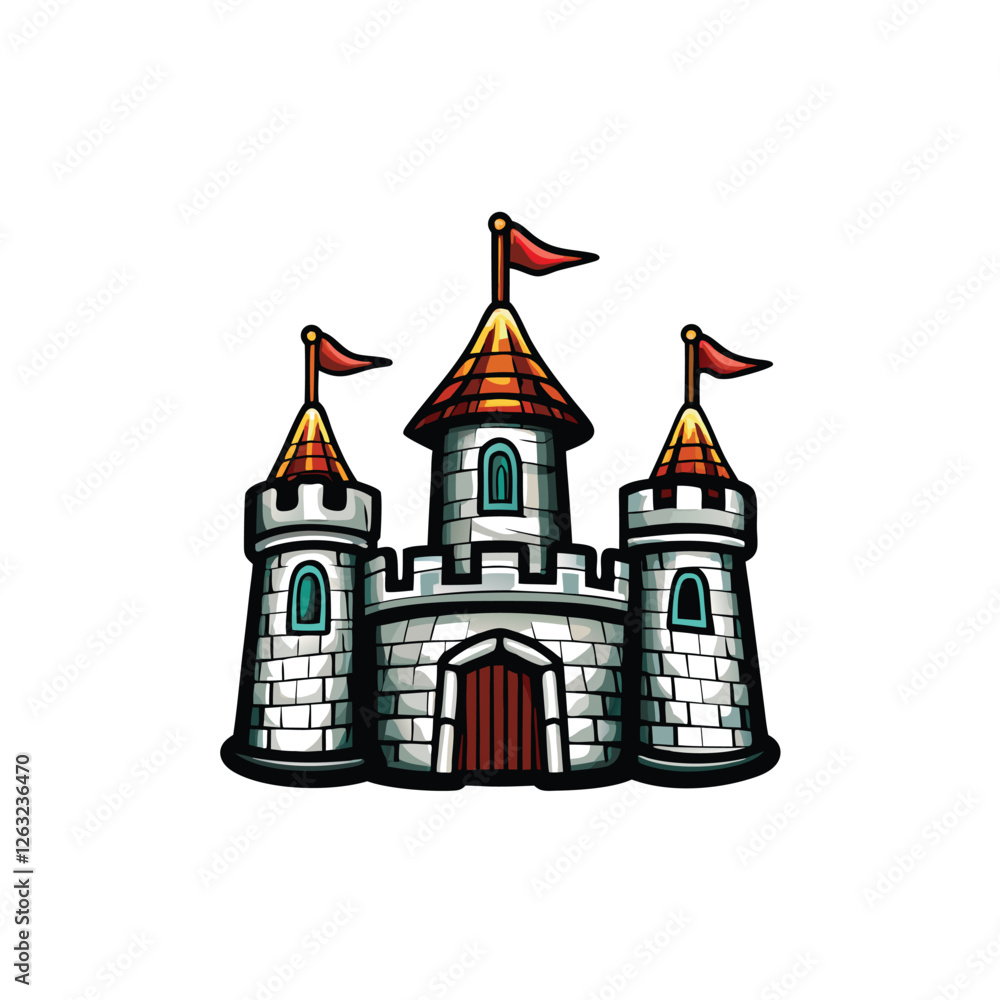 Poster create a detailed vector illustration of a majestic castle with fluttering flags, suitable for editi