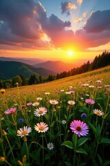Sunset over a peaceful meadow with wildflowers, scenery, sunset, countryside