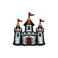 Create a detailed vector illustration of a majestic castle with fluttering flags, suitable for editing.  Include high-resolution details for easy scaling.