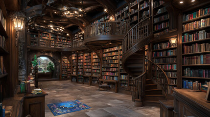 Luxurious Wooden Library with Spiral Staircase