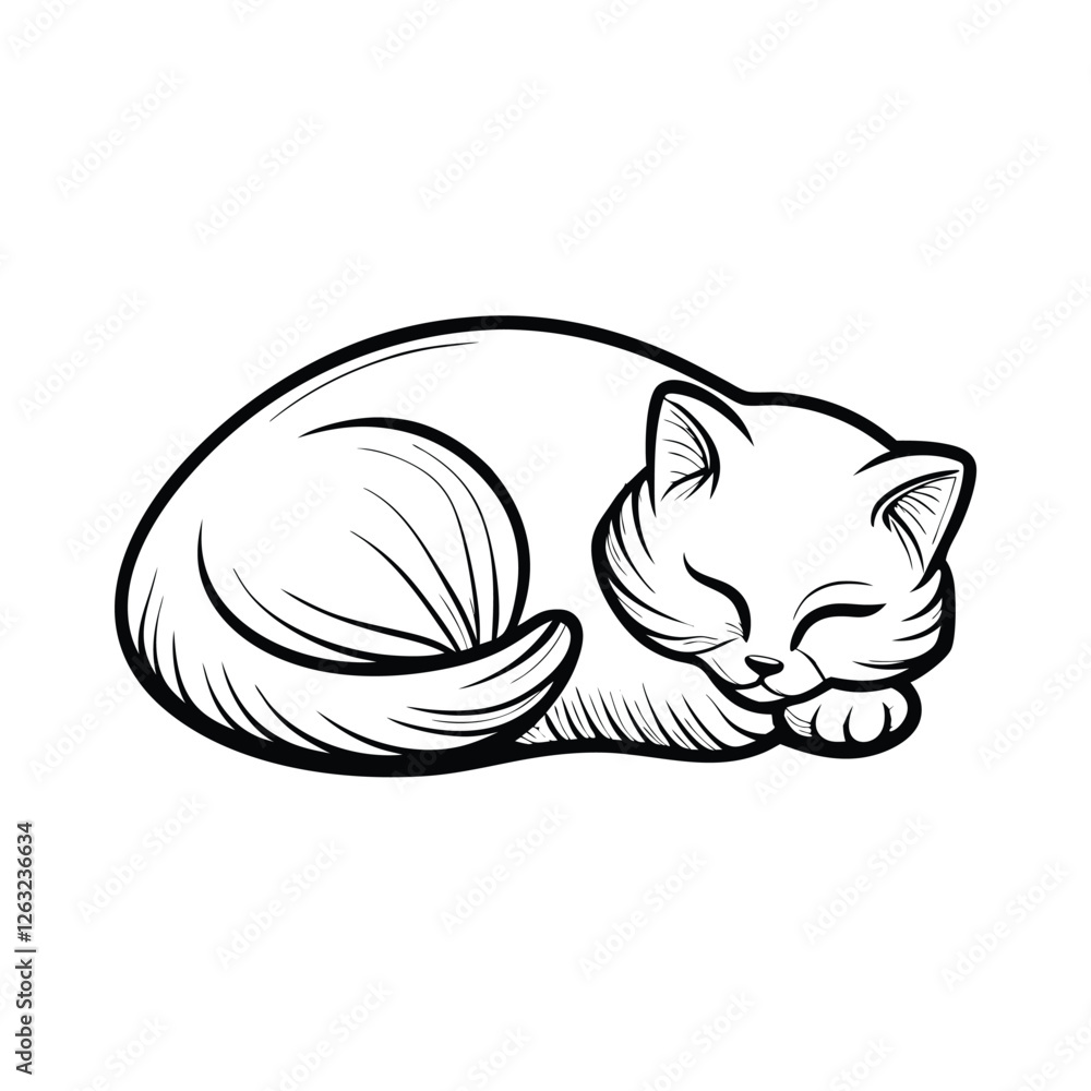 Poster create a high-resolution, editable stroke vector graphic of a cute cat curled up in a peaceful sleep