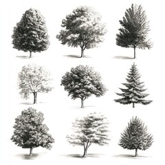 Obraz premium Nine Detailed Ink Drawings of Various Tree Species