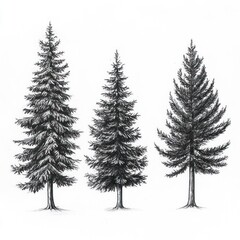 Fototapeta premium Three Tall Coniferous Trees Drawn In Ink