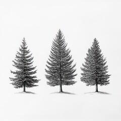 Fototapeta premium Three Conifer Trees Drawn In Ink On White Paper