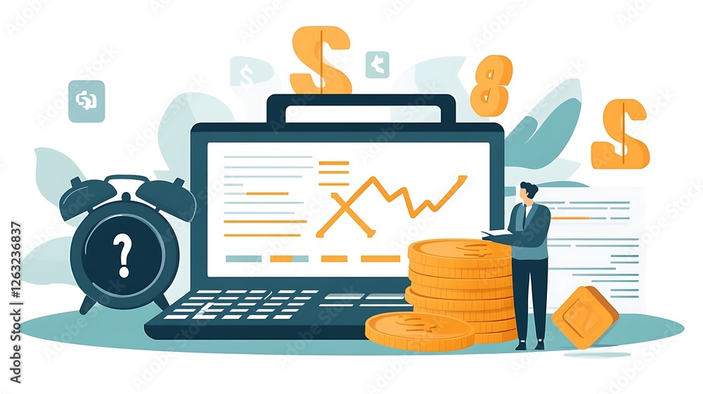 Poster man analyzing financial data on laptop, showing growth chart and stacks of coins.
