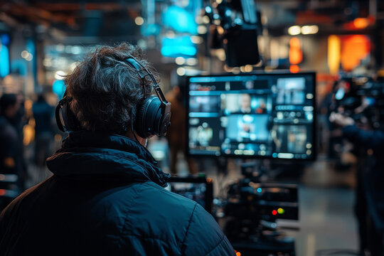 Technician monitors live video feed in a bustling studio environment