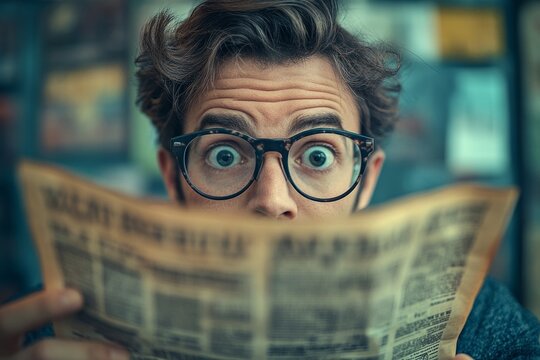 Man with glasses intensely reading a shocking newspaper headline