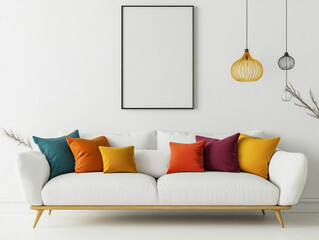 Modern living room with white sofa and colorful pillows.