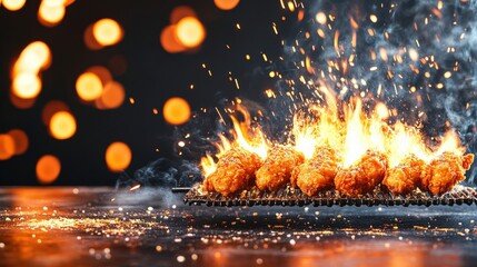 Fried chicken sizzling on a grill with spices and sauces in a vibrant food photography setting
