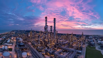 Obraz premium Industrial Sunset Over a Large Oil Refinery by the Ocean Shoreline