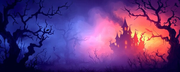Eerie Castle Silhouette in a Mystical Landscape at Night