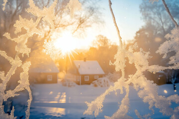 Bright Swedish Winter Landscape with Sun and Snowflakes