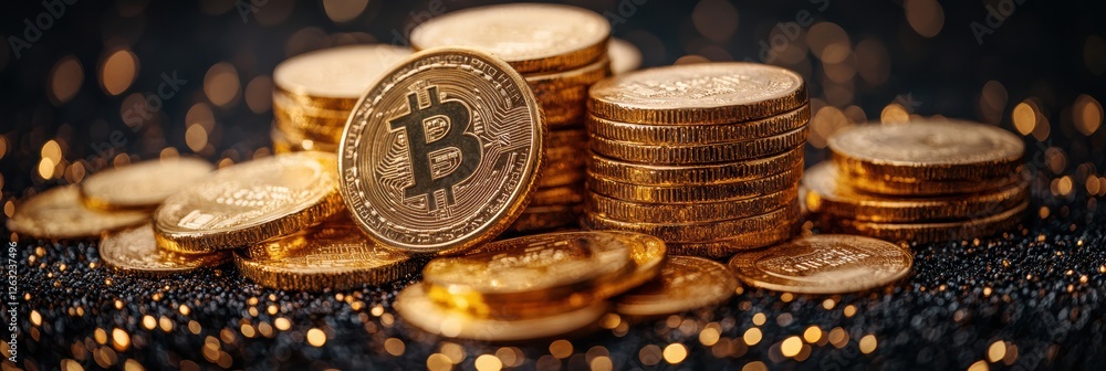 Poster stacks of gold coins and bars create a luxurious display on a dark background