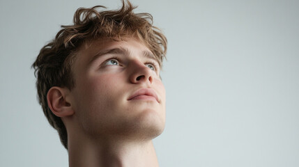 Fototapeta premium Young Man Looking Upward Hopeful Peaceful Portrait Studio Face Male Eyes Calm Hair Skin Model Light 