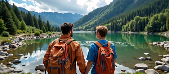 Gay Couple Hiking Enjoying Scenic Mountain Lake View