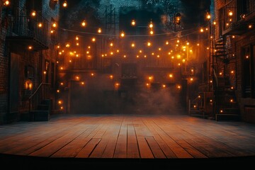 Atmospheric theater stage with hanging vintage lights creating a warm ambiance