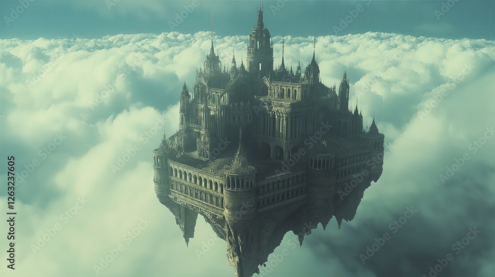Poster a fractal castle floating in a dreamlike void, endlessly expanding in all directions