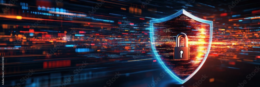 Poster digital code flow with a shield and lock symbolizing cybersecurity protection