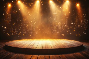 Illuminated stage with dramatic spotlights and glittering cityscape