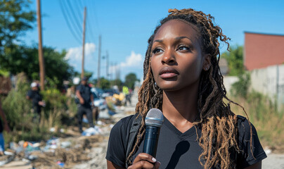 Journalist reports on environmental cleanup in urban area