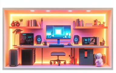 3D icon cartoon of a gamers small apartment cutaway with RGB lighting, gaming PC setup, and modern furniture, isolated on a white background