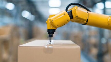 Robotic arm assembling cardboard box in factory