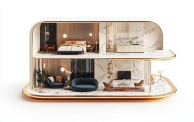 3D icon cartoon of a luxury small apartment cutaway with marble surfaces, gold accents, and designer furniture, isolated on a white background