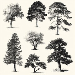 Fototapeta premium Collection Of Nine Ink Drawings Of Various Trees