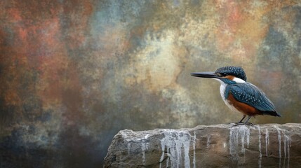 Serene Kingfisher on Weathered Rock Against a Textured Background