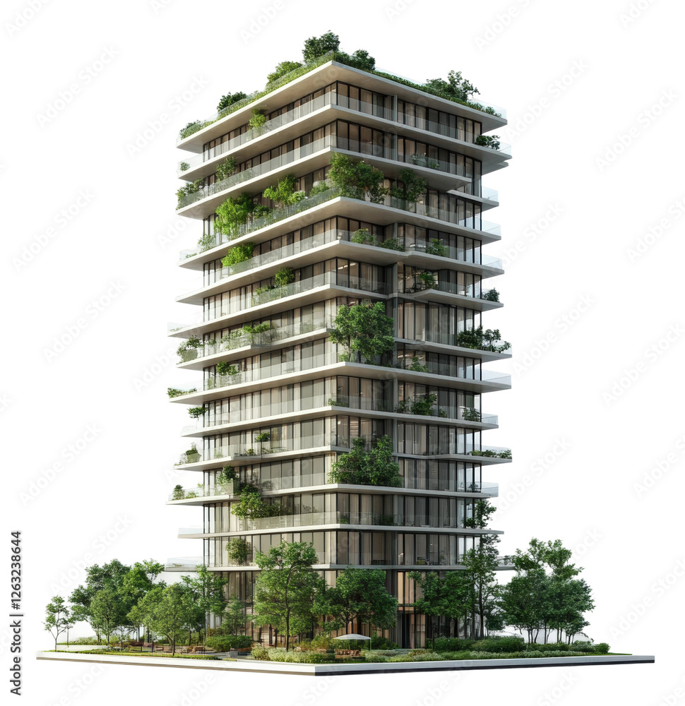 Poster modern eco-friendly building design urban landscape architecture isolated on transparent background