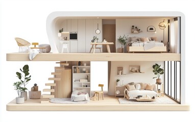 Obraz premium 3D icon cartoon of a tiny Scandinavian-style apartment cutaway with light wood, pastel colors, and simple decor, isolated on a white background