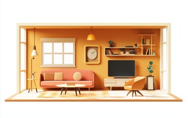 Obraz premium 3D icon cartoon of a vintage-inspired apartment cutaway with mid-century furniture, warm colors, and retro decor, isolated on a white background