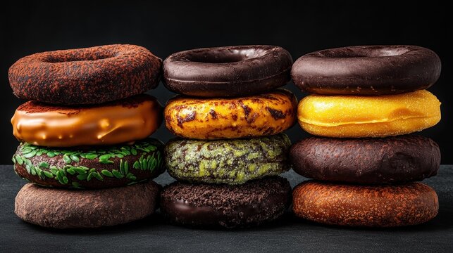 Stack of assorted donuts and chocolate sweets arranged in a box for dessert or snack options