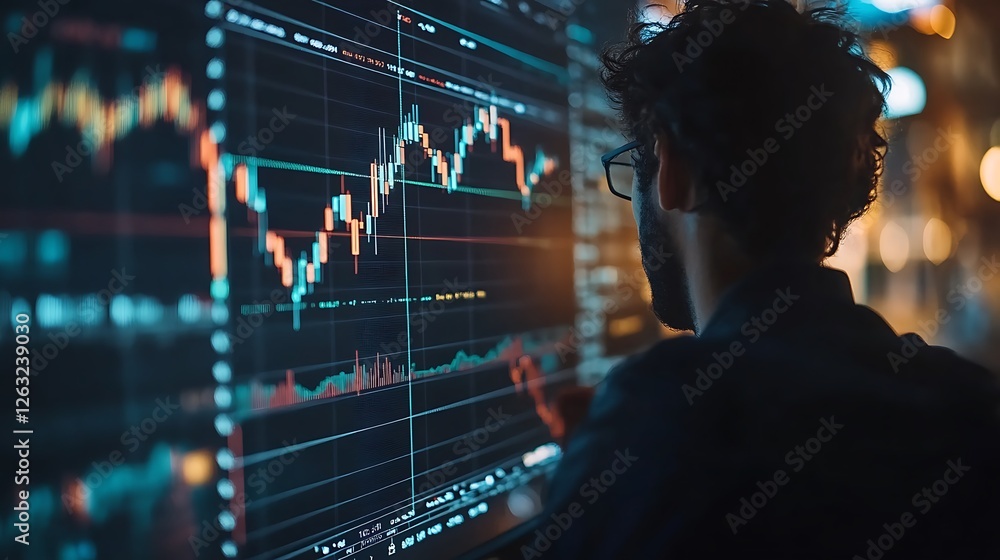 Aufkleber man analyzing stock market data on large screen.
