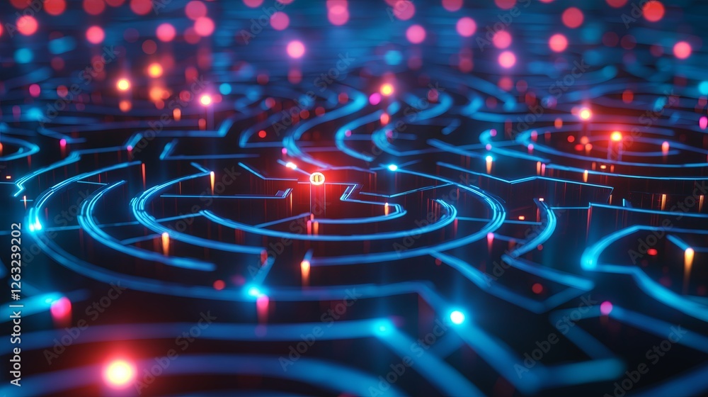 Poster A cybernetic fractal structure, with neon circuits forming an endless labyrinth.
