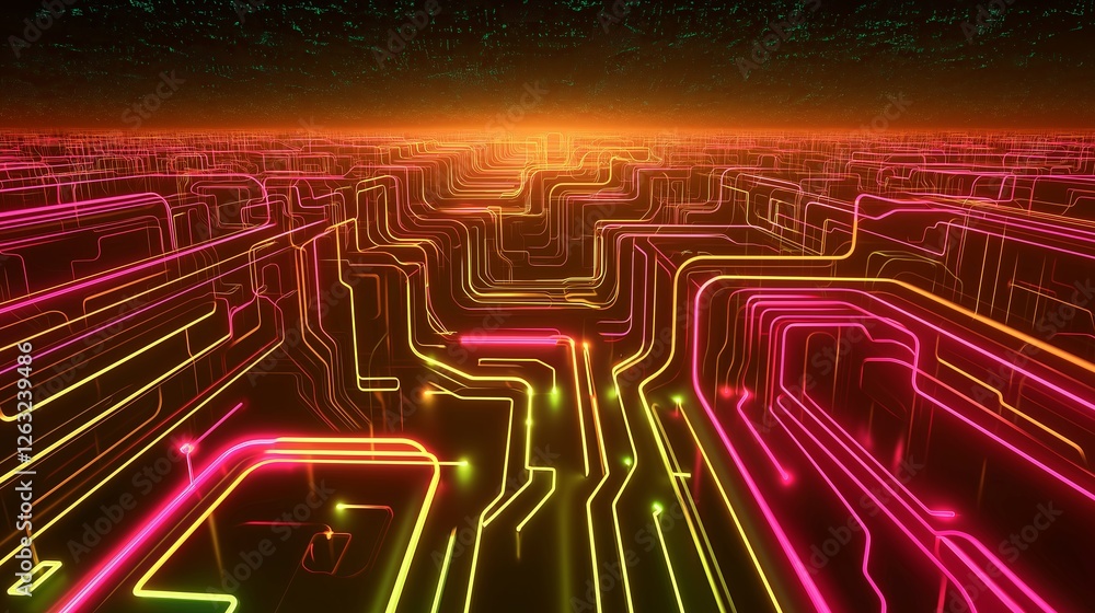 Poster a cybernetic fractal structure, with neon circuits forming an endless labyrinth.