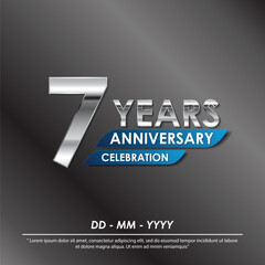 7th years anniversary celebration emblem. elegance silver anniversary logo isolated with blue ribbon. vector illustration template design for web, flyers, poster, greeting card and invitation card
