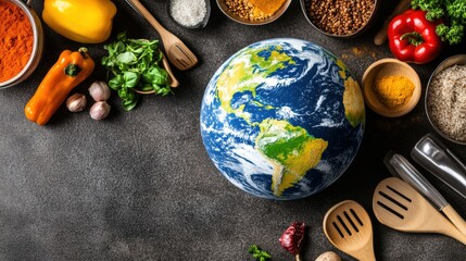 Globe surrounded by assorted vegetables and spices representing global cuisine and food diversity