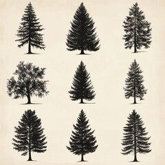 Fototapeta premium Nine Black Silhouettes Of Various Trees
