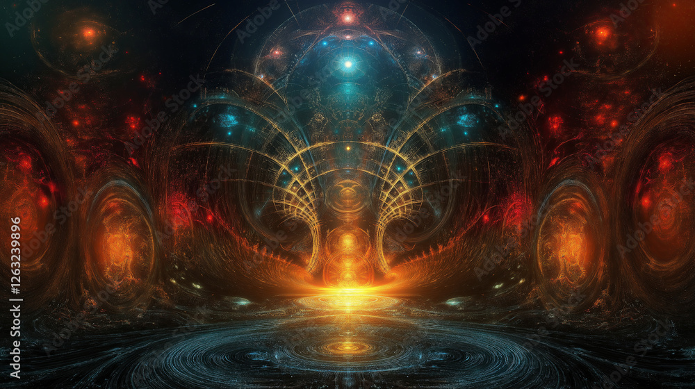 Poster A cosmic fractal city with hovering structures extending infinitely