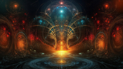 Obraz premium A cosmic fractal city with hovering structures extending infinitely