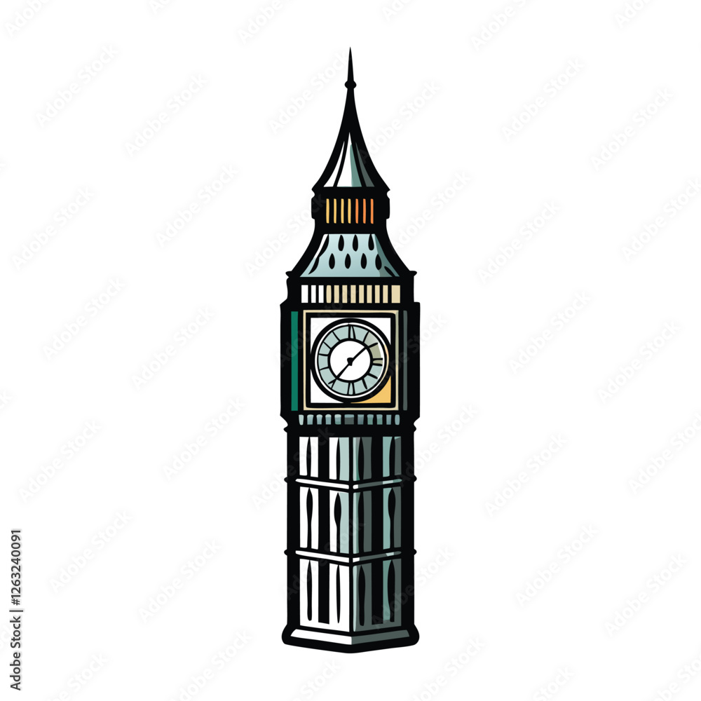Poster create a detailed vector illustration of an editable clock tower, showcasing its intricate details, 