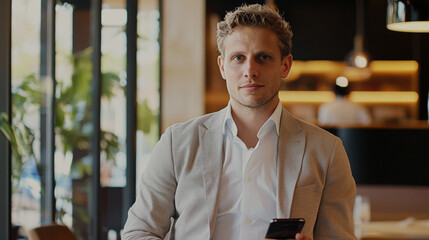 Obraz premium Confident Young Businessman Using Smartphone Modern Office Cafe Suit Male Image Casual Indoor Person