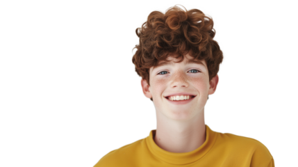 Smiling boy with curly hair on a transparent background