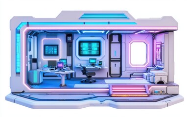 3D icon cartoon of a futuristic cyberpunk apartment cutaway with neon lights, digital screens, and a high-tech aesthetic, isolated on a white background