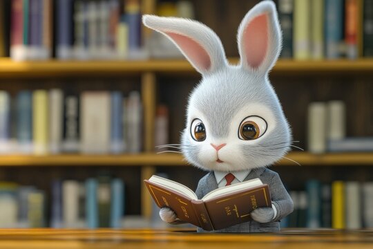 A charming animated rabbit in a suit reading a book, evoking curiosity and a love for learning in a cozy library setting.