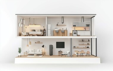 3D icon cartoon of a modern studio apartment cutaway with minimalist furniture, neutral tones, and smart home gadgets, isolated on a white background