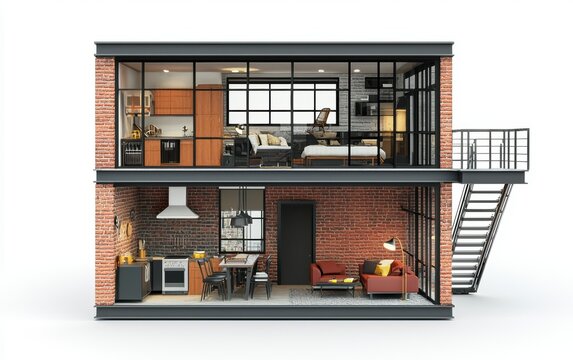 3D icon cartoon of a small industrial-style apartment cutaway with raw materials, exposed brick, and dark-toned furniture, isolated on a white background